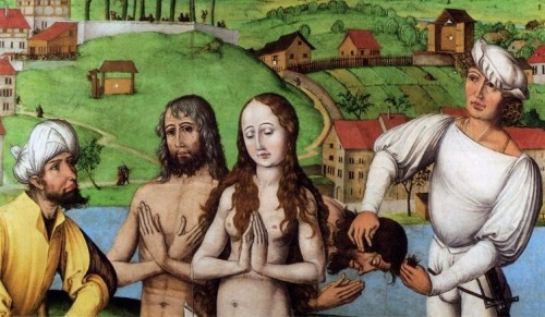 Detalle del martirio de los Santos. Fresco de Hans Leu der Ältere, c. 1497–1502. Cripta de Grossmünster, Zurich (Suiza).