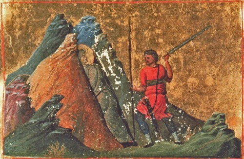 La Santa, fusionándose con las rocas de la montaña. Iluminación del Menologio de Basilio II (s.XI). Biblioteca Apostolica Vaticana, Roma (Italia).
