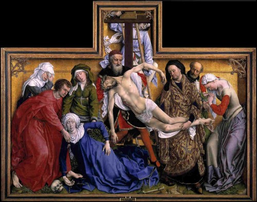 "Descendimiento de Cristo", de Roger Van Der Weyden. Museo Nacional del Prado, Madrid (España). Obsérvese cómo se representa a la Virgen desmayada.
