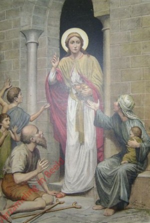 Santa Cunera repartiendo alimentos entre los necesitados. Grabado coloreado alemán del s.XIX.