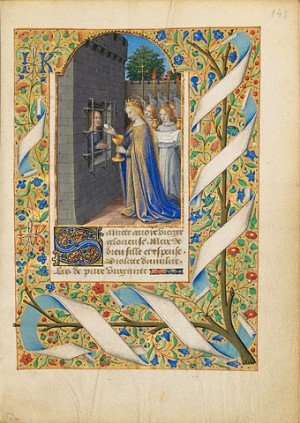 Santa Avia, en prisión, es alimentada con la Eucaristía por la Virgen María. Iluminación de Jean Bourdichon. Tours, 1480-85. MS. 6, FOL. 143.