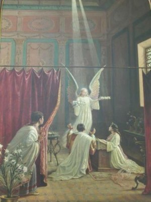 Tiburcio espía a Cecilia y Valeriano y contempla la aparición del Ángel. Pintura contemporánea en la iglesia de Santa Cecilia de Sao Paulo, Brasil.