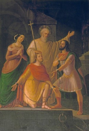 Los Santos Valeriano y Tiburcio visitados en prisión por Santa Cecilia y por el papa Urbano. Lienzo de A. Botazzi.