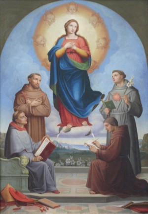 La Inmaculada Concepción con los Santos Francisco de Asís, Buenaventura, Antonio de Padua y Beato Juan Duns Scoto. Lienzo de Albert Küchler. Pontificia Università Antonianum, Roma (Italia).