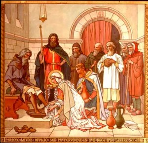 La Santa lavando los pies a los pobres. Pintura historicista en la iglesia de la Santa en Queensferry, Reino Unido.