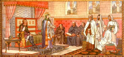 La Santa, anfitriona del Concilio de Escocia. Pintura historicista en la iglesia de la Santa en Queensferry, Reino Unido.