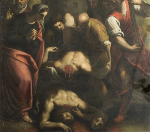 Santa Cecilia hace recoger y enterrar los cadáveres de Valeriano y Tiburcio. Detalle de un lienzo de Negretti.