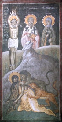 Detalle del Santo atado a un poste sufriendo tormento. Fresco ortodoxo serbio. Monasterio Gracanica, Kosovo.
