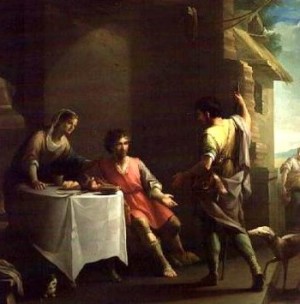 Jacob ofrece un plato de lentejas a su hermano Esaú. Lienzo de Zacarías González Velázquez.