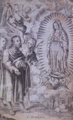Matías de Arteaga y Alfaro, grabado/papel, "La primera aparición de Nuestra Señora de Guadalupe", 1686, este grabado forma parte de la primera serie de cuatro que representa a las apariciones de la Virgen en el Tepeyac y que inspiraría obras posteriores.