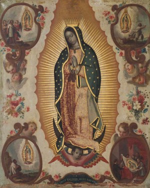 Miguel Cabrera, óleo/tela, "Nuestra Señora de Guadalupe con cuatro apariciones y la frase Non fecit talliter onmi nationi", En esta obra de Cabrera se aprecia aquella frase que según se cuenta dijo el Papa al ver la imagen Guadalupana desplegada frente a él.