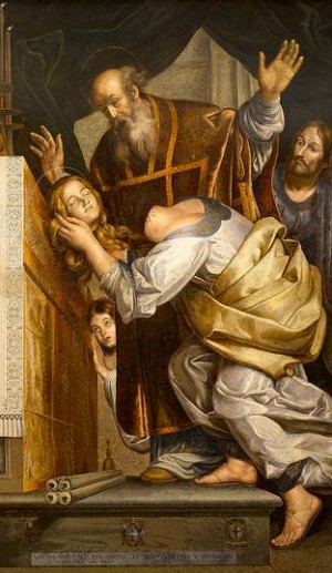 La Santa presenta su cabeza ante el obispo Marcial. Lienzo de Spadarino (1633). Iglesia de Santa Caterina de La Ruota, Roma (Italia).