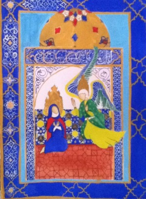 El arcángel Yibril anuncia a Maryam que será madre del profeta Isa. Ilustración inspirada en un tapiz persa.