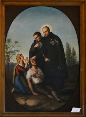 El Santo atiende a los necesitados. Pintura en la iglesia de San Euticio (Pasionistas) en Soriano nel Cimino.