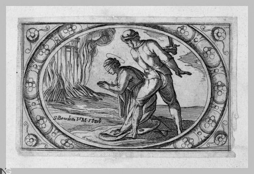 Martirio de Santa Benedicta de Origny. Granado de Antonio Tempesta para "Istoria de molte sante vergini romane nel martirio". Istituto Nazionale dell'Arte Grafica, Roma (Italia).