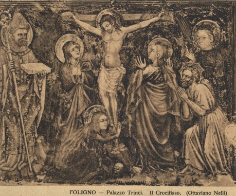Tabla de Ottaviano Nelli con el Calvario, San Feliciano y Santa Mesalina. Palazzo Trinci de Foligno, Italia.