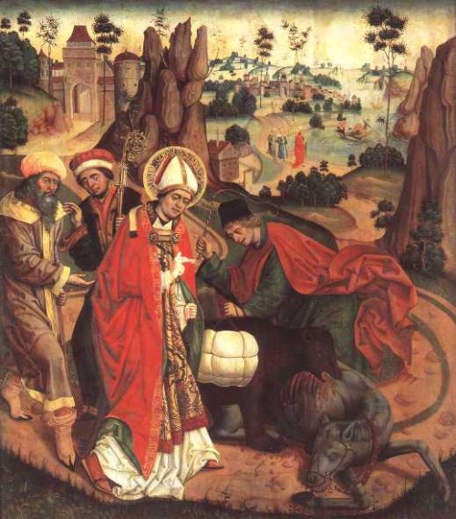 San Corbiniano atravesando los Alpes camino de Roma. Jan Polack, tabla del año 1489.