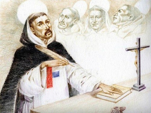 Dibujo contemporáneo del Santo y la nueva Regla. Detrás, sus predecesores. Fuente: iglesia.almodovardelcampo.org