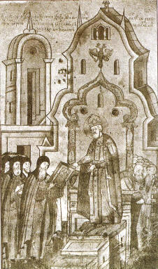Presentando la “Vita” de santa Eufrosina de Suzdal al zar Iván el Terrible.