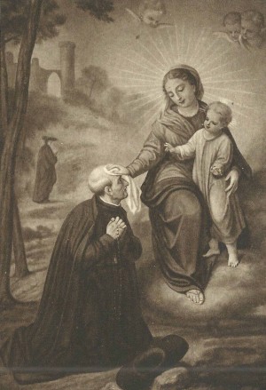 Aparición de la Virgen a San Alonso Rodríguez. Estampa devocional.