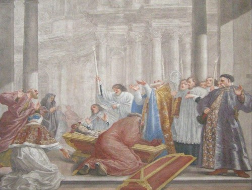 El cuerpo del Santo es hallado incorrupto. Fresco de Michelangelo Palloniego. Capilla del Santo en Vilnius (Lituania).