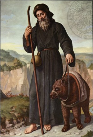 San Romedio y el oso. Santuario de San Romedio en Coredo (Italia).