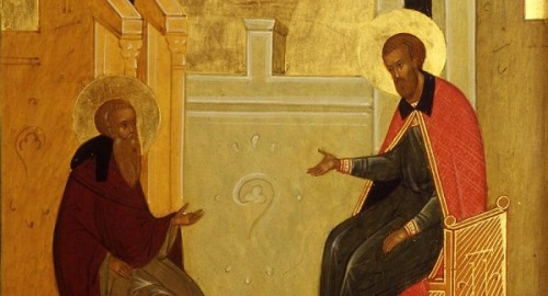 Reunión entre San Esteban y San Sergio de Radonezh.