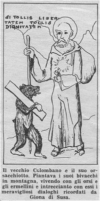 Grabado de San Columbano y el oso.