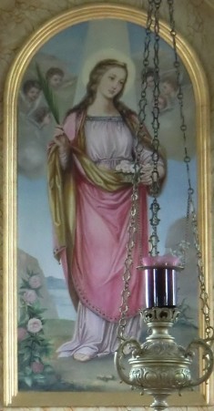 Pintura de Santa Rosina en el altar de su capilla de Wenglingen, Alemania. Obra del padre Kögel (1730).