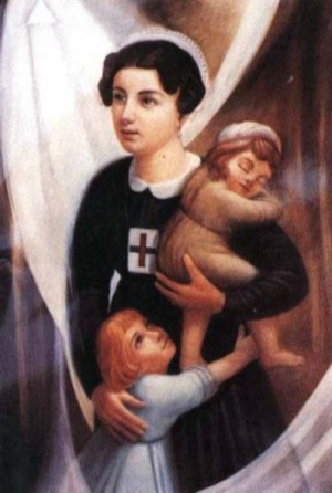 Estampa devocional de la Beata con sus dos hijas: Mariana y Lucina.