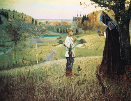 San Sergio y el monje en el campo. Óleo naturalista ruso.
