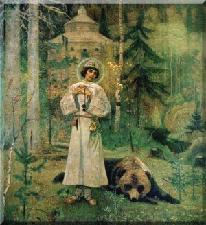 Pintura decimonónica rusa de San Sergio de Radonezh con el oso.