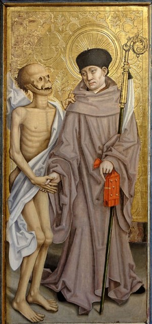 Detalle de San Fridolino en una tabla gótica. Museo de Bellas Artes de Dijón, Francia (siglo XVI).