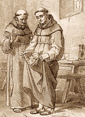 Litografía mostrando el milagro de convertir el pan en rosas.