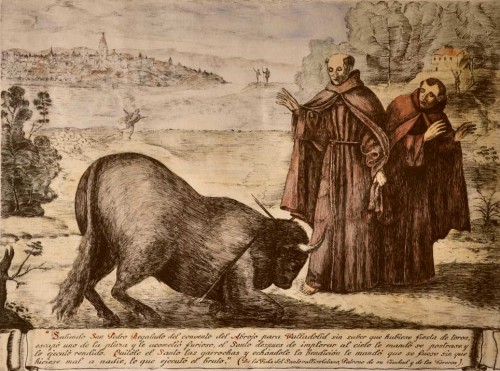 Grabado con el milagro del toro.