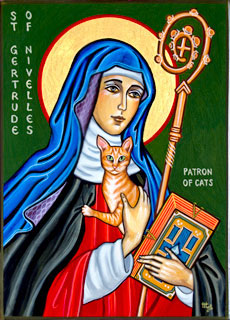 Icono de Santa Gertrudis de Nivelles, patrona de los gatos. Obra de Marice Sariola.