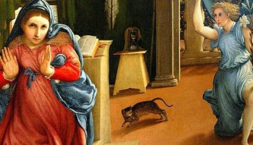 Detalle de un gato en "La Anunciación" de Lorenzo Lotto.