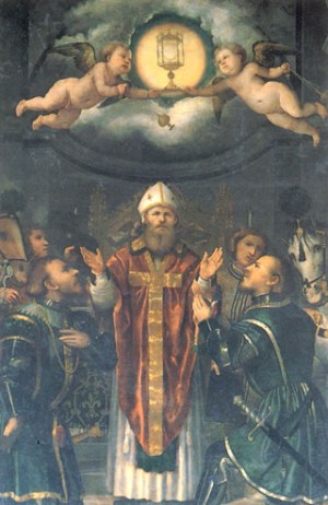 Lienzo de San Apolonio, obispo, obra de Girolamo Romani "Il Romanino". Basílica de los Santos Faustino y Jovita, Brescia (Italia).