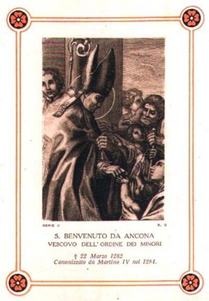 Estampa devocional italiana del Santo haciendo caridad.