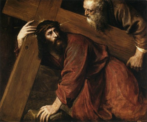 Simón Cirineo ayuda a Cristo con la cruz. Óleo de Tiziano, Museo Nacional del Prado, Madrid.