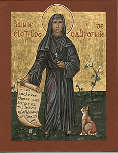 Icono francés de Santa Clotilde de California con el gato.