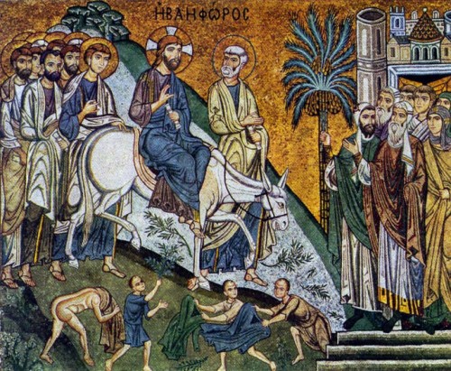 La entrada de Jesús en Jerusalén. 1140-1170. Mosaico de la Cappella Palatina. Palermo, Italia.
