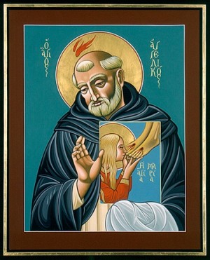 Icono griego del Beato portando una imagen de Santa María Magdalena.