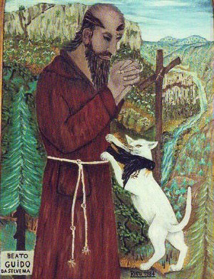 Ilustración del Beato Guido de Selvena con el gato trayéndole un pájaro cazado.