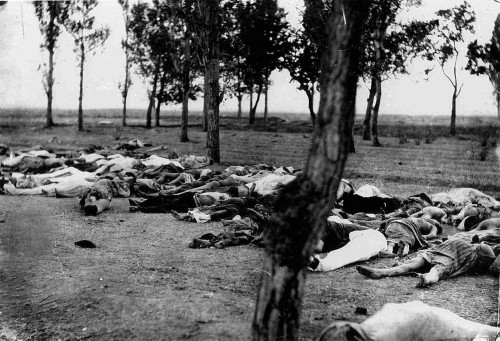 Cadáveres de refugiados armenios víctimas de la epidemia de tifus en el bosque lindero a la Santa Sede de Echmiadzín.
