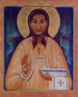 Icono de Santa Olga Michael con los atributos de una comadrona.
