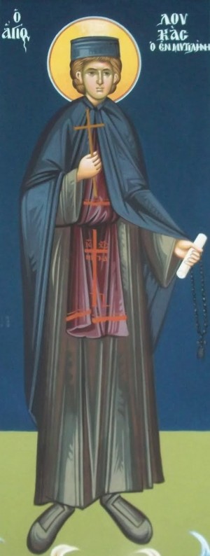 Fresco representando al santo en el interior de su iglesia en Mitilene, Grecia.