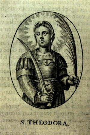 Santa Teodora vestida con los pertrechos de San Dídimo. Grabado de Joost Van der Vondel.