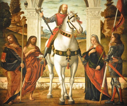 Detalle de los Santos Vidal (a caballo) y Valeria (dcha.) Lienzo de Vittore Carpaccio (1514). Iglesia de San Vidal, Venecia (Italia).