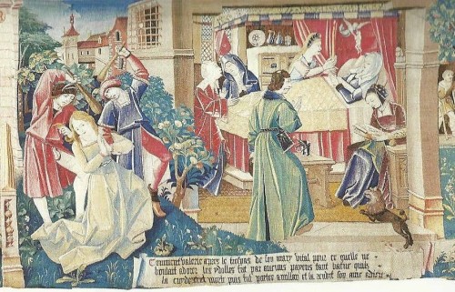 Secuencia del martirio de Valeria: apaleada (izqda.) y muriendo en su lecho a causa de las heridas (dcha.) Tapiz medieval de la catedral de Le Mans, Francia.
